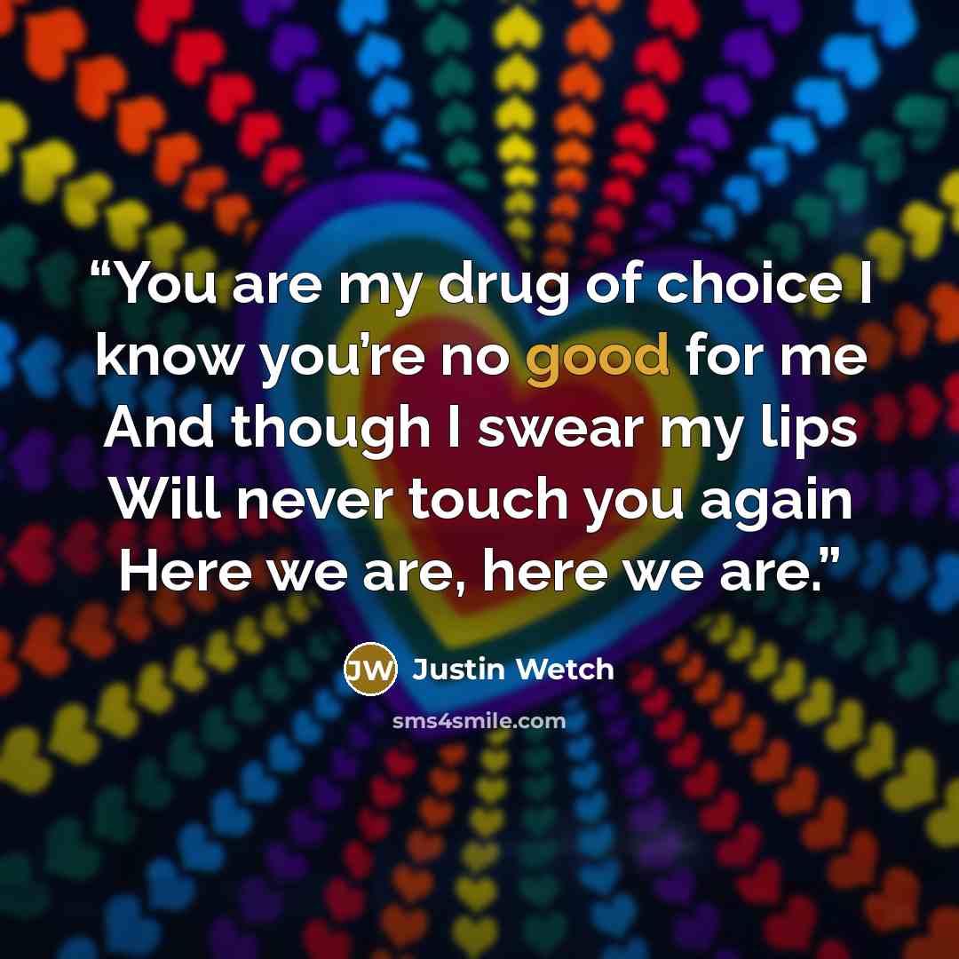 “You are my drug of choice I know you’re no good for me And though I swear my lips Will never touch you again Here we are, here we are.” quote by Justin Wetch