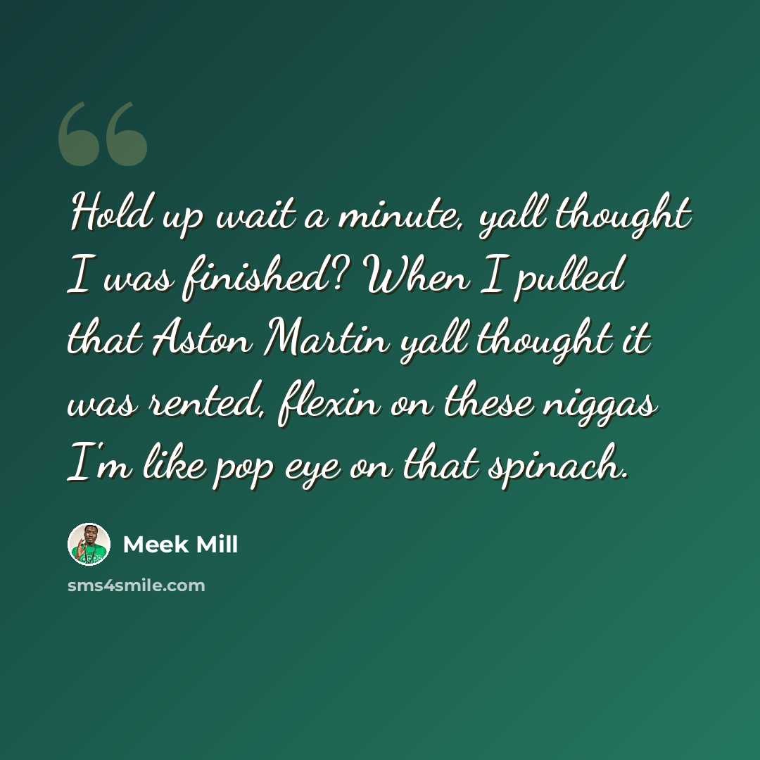 “Hold up wait a minute, yall thought I was finished? When I pulled that Aston Martin yall thought it was rented, flexin on these niggas I'm like pop eye on that spinach.” quote by Meek Mill