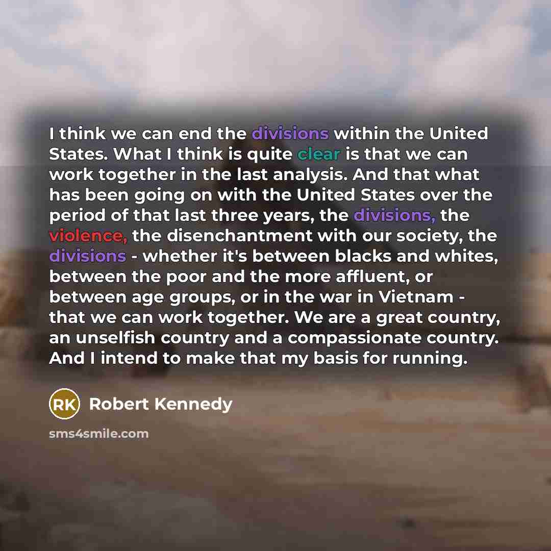 “I think we can end the divisions within the United States. What I think is quite clear is that we can work together in the last analysis. And that what has been going on with the United States over the period of that last three years, the divisions, the violence, the disenchantment with our…” quote by Robert Kennedy
