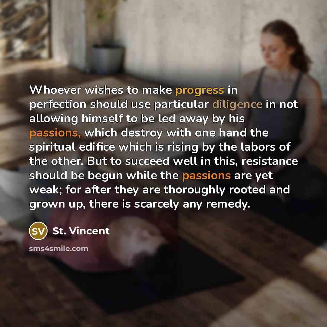 “Whoever wishes to make progress in perfection should use particular diligence in not allowing himself to be led away by his passions, which destroy with one hand the spiritual edifice which is rising by the labors of the other. But to succeed well in this, resistance should be begun while the…” quote by St. Vincent