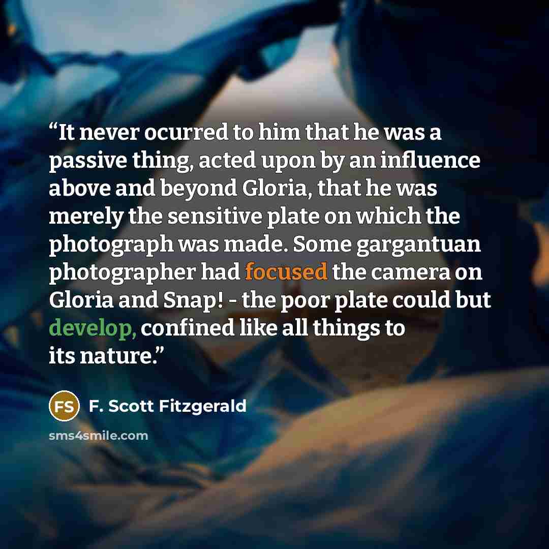 “It never ocurred to him that he was a passive thing, acted upon by an influence above and beyond Gloria, that he was merely the sensitive plate on which the photograph was made. Some gargantuan photographer had focused the camera on Gloria and Snap! - the poor plate could but develop, confined…” quote by F. Scott Fitzgerald