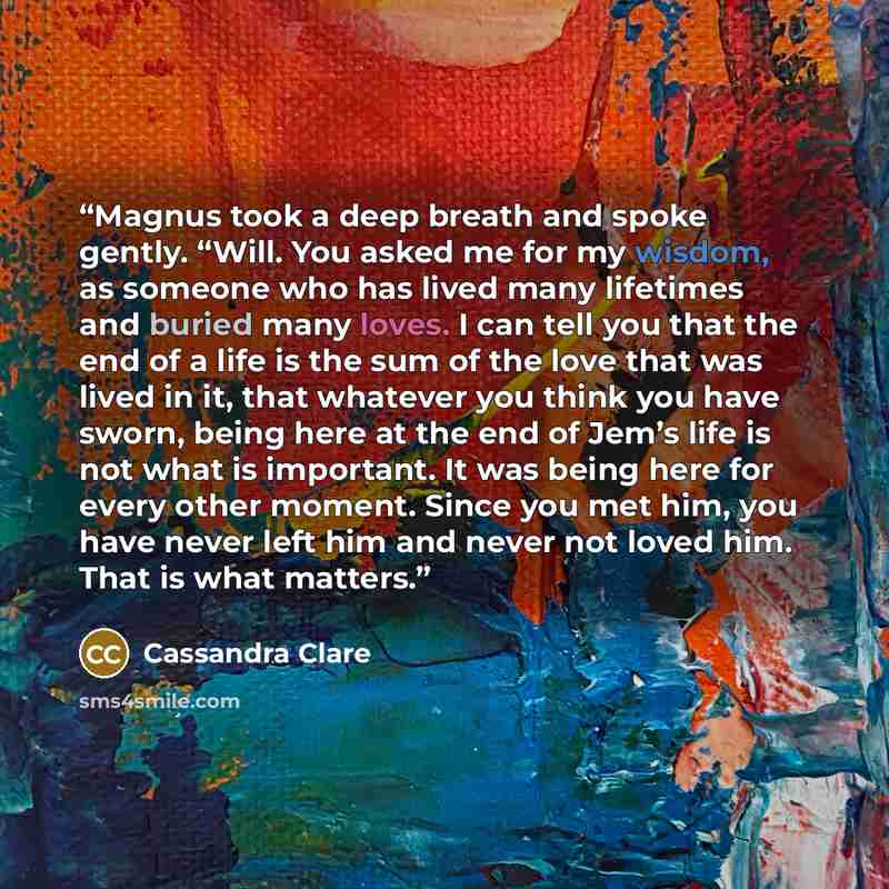 “Magnus took a deep breath and spoke gently. “Will. You asked me for my wisdom, as someone who has lived many lifetimes and buried many loves. I can tell you that the end of a life is the sum of the love that was lived in it, that whatever you think you have sworn, being here at the end of Jem’s…” quote by Cassandra Clare