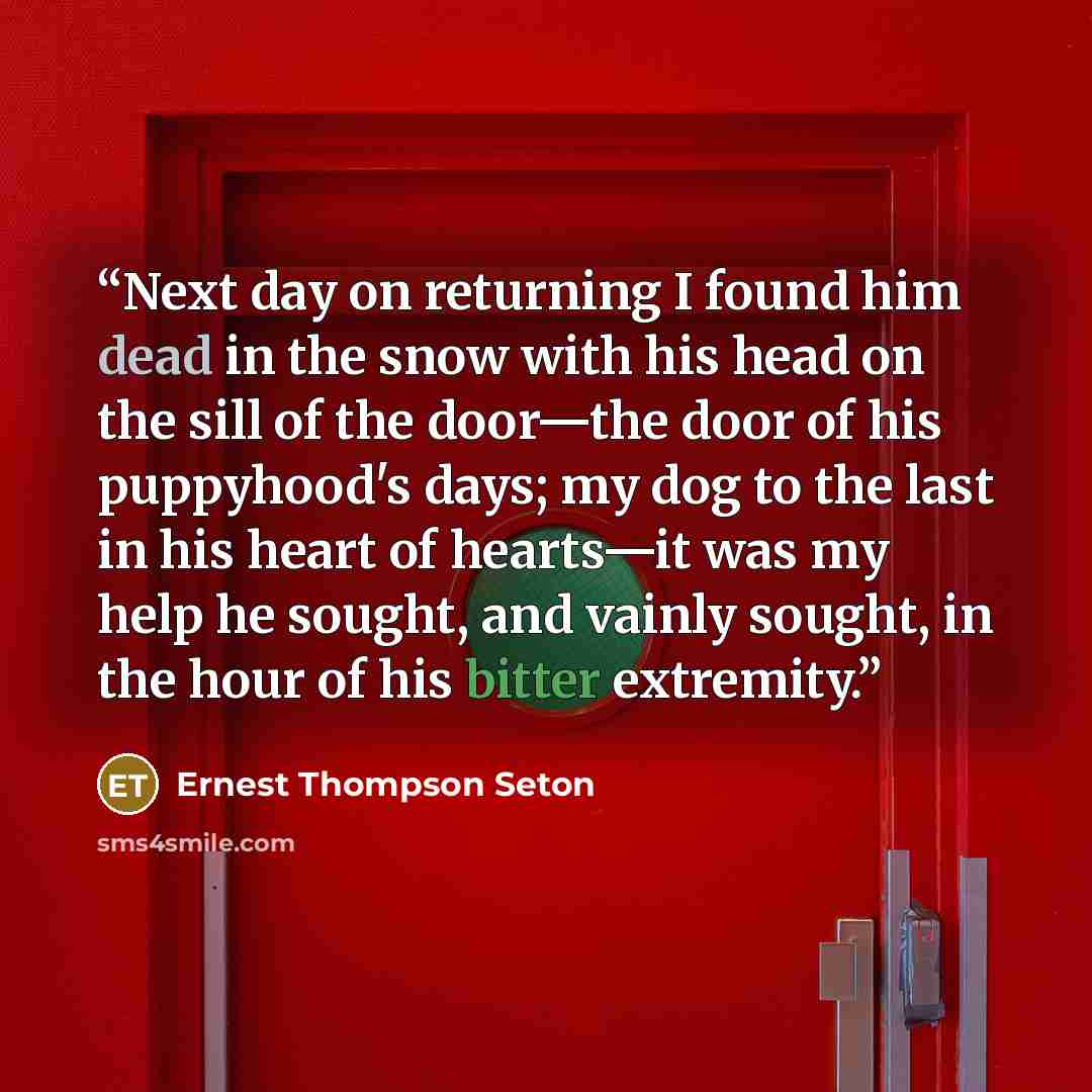 “Next day on returning I found him dead in the snow with his head on the sill of the door—the door of his puppyhood's days; my dog to the last in his heart of hearts—it was my help he sought, and vainly sought, in the hour of his bitter extremity.” quote by Ernest Thompson Seton