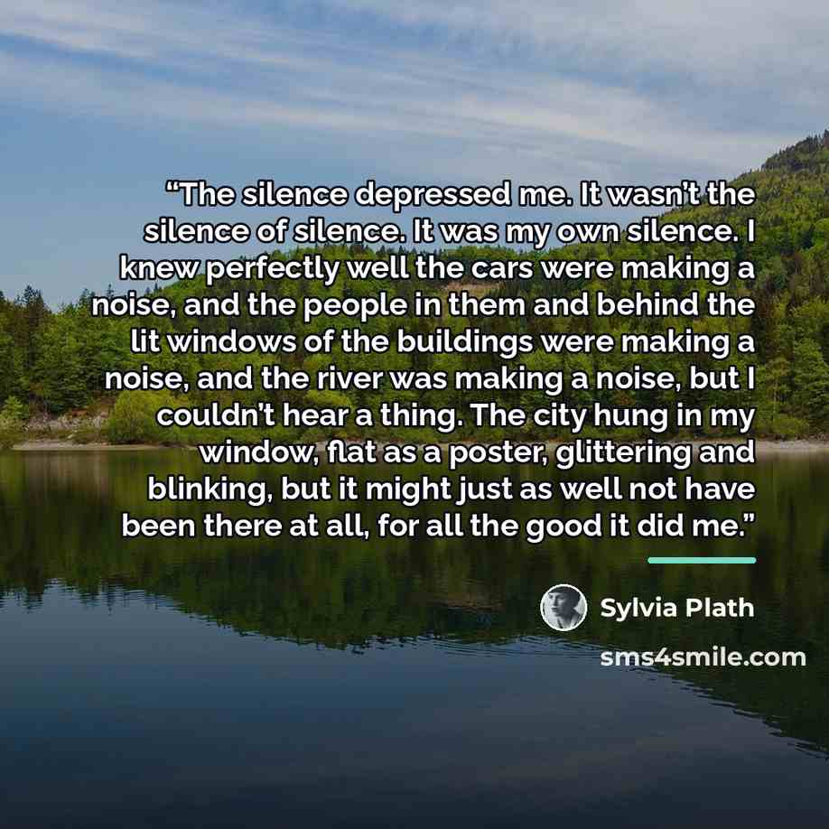 “The silence depressed me. It wasn’t the silence of silence. It was my own silence. I knew perfectly well the cars were making a noise, and the people in them and behind the lit windows of the buildings were making a noise, and the river was making a noise, but I couldn’t hear a thing. The city…” quote by Sylvia Plath