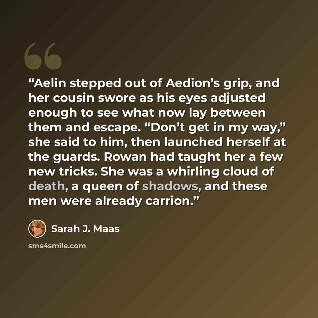 “Aelin stepped out of Aedion’s grip, and her cousin swore as his eyes adjusted enough to see what now lay between them and escape. “Don’t get in my way,” she said to him, then launched herself at the guards. Rowan had taught her a few new tricks. She was a whirling cloud of death, a queen of…” quote by Sarah J. Maas