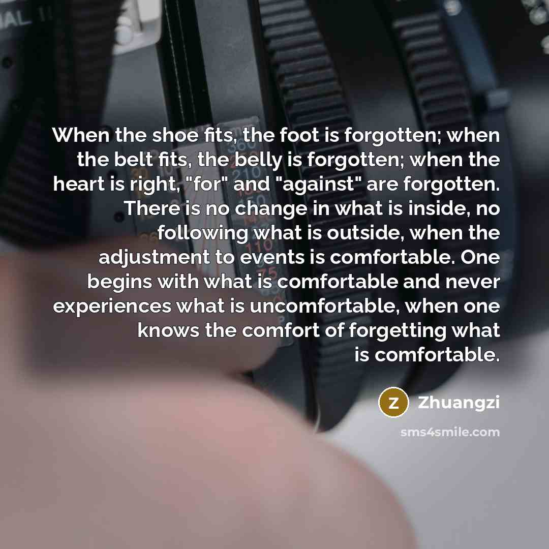 “When the shoe fits, the foot is forgotten; when the belt fits, the belly is forgotten; when the heart is right, "for" and "against" are forgotten. There is no change in what is inside, no following what is outside, when the adjustment to events is comfortable. One begins with what is comfortable…” quote by Zhuangzi