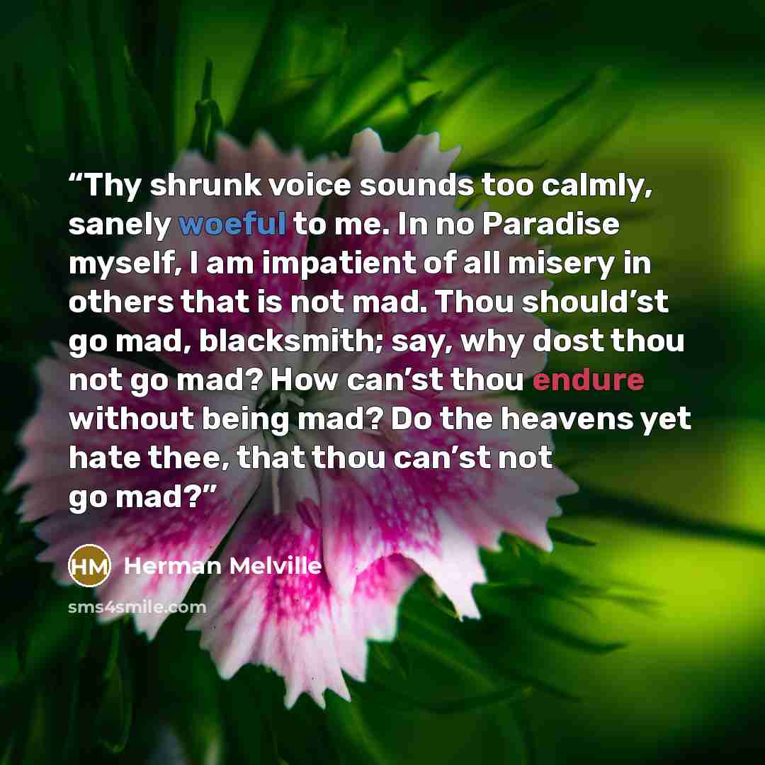 “Thy shrunk voice sounds too calmly, sanely woeful to me. In no Paradise myself, I am impatient of all misery in others that is not mad. Thou should’st go mad, blacksmith; say, why dost thou not go mad? How can’st thou endure without being mad? Do the heavens yet hate thee, that thou can’st not go…” quote by Herman Melville