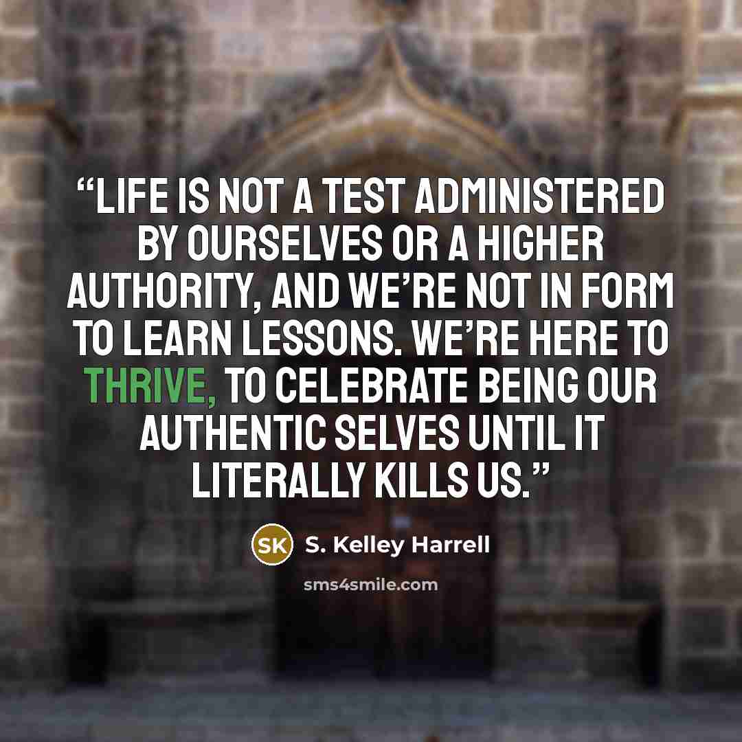 “Life is not a test administered by ourselves or a higher authority, and we’re not in form to learn lessons. We’re here to thrive, to celebrate being our authentic selves until it literally kills us.” quote by S. Kelley Harrell