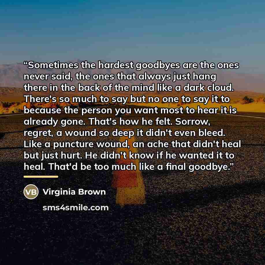 “Sometimes the hardest goodbyes are the ones never said, the ones that always just hang there in the back of the mind like a dark cloud. There's so much to say but no one to say it to because the person you want most to hear it is already gone. That's how he felt. Sorrow, regret, a wound so deep it…” quote by Virginia Brown