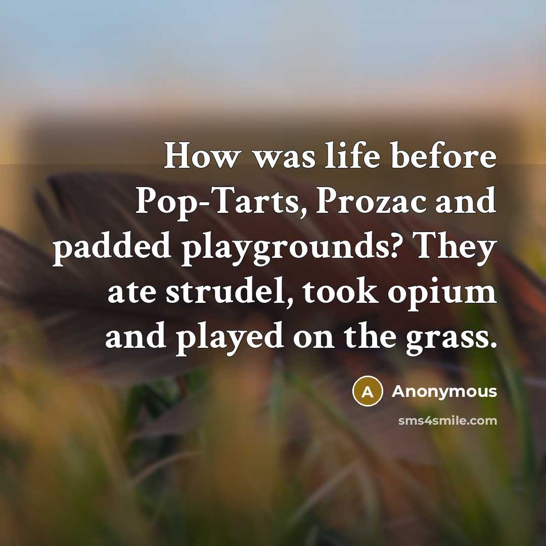 “How was life before Pop-Tarts, Prozac and padded playgrounds? They ate strudel, took opium and played on the grass.” quote by Anonymous