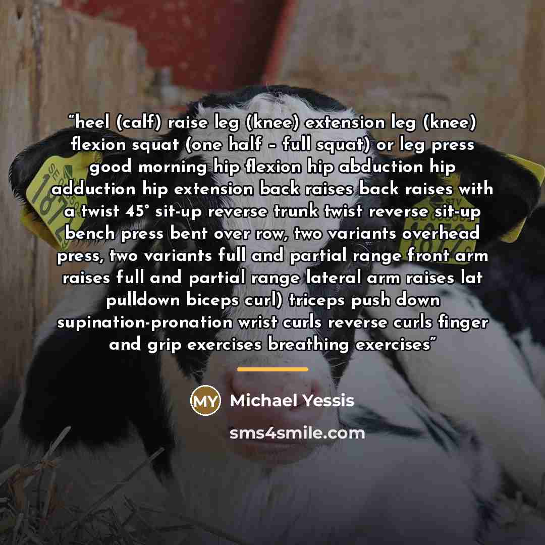 “heel (calf) raise leg (knee) extension leg (knee) flexion squat (one half – full squat) or leg press good morning hip flexion hip abduction hip adduction hip extension back raises back raises with a twist 45° sit-up reverse trunk twist reverse sit-up bench press bent over row, two variants…” quote by Michael Yessis
