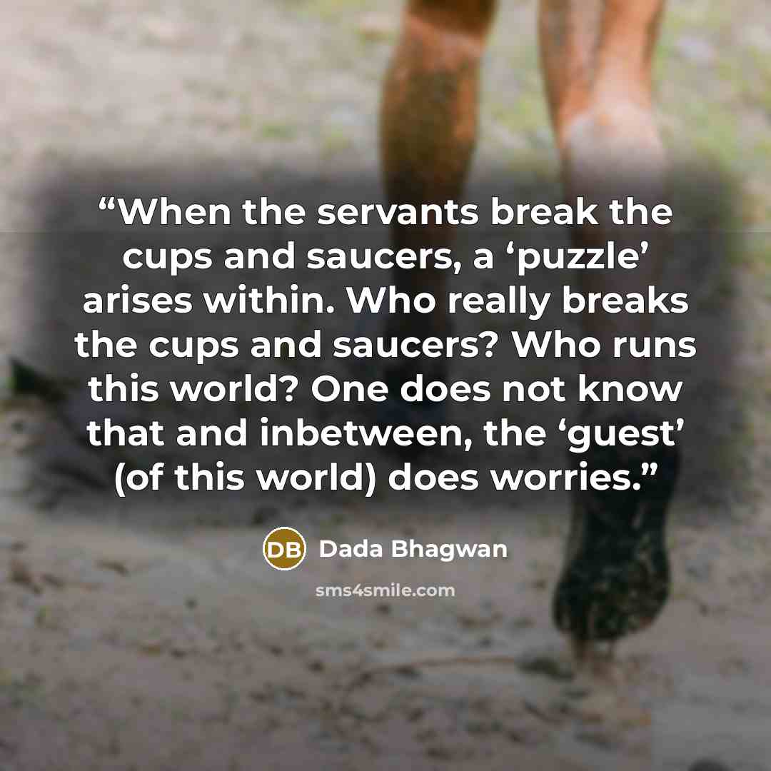 “When the servants break the cups and saucers, a ‘puzzle’ arises within. Who really breaks the cups and saucers? Who runs this world? One does not know that and inbetween, the ‘guest’ (of this world) does worries.” quote by Dada Bhagwan
