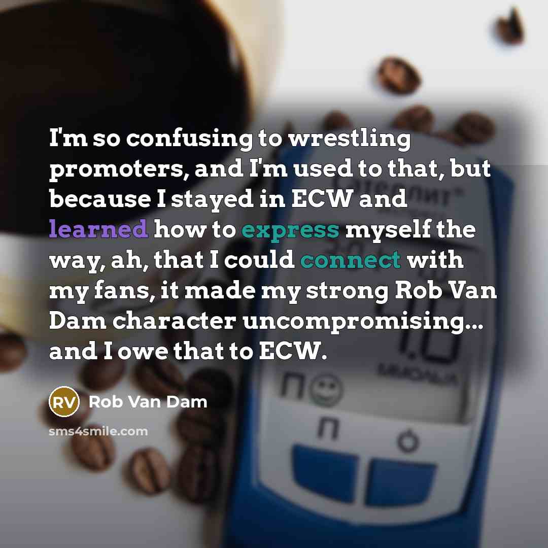 “I'm so confusing to wrestling promoters, and I'm used to that, but because I stayed in ECW and learned how to express myself the way, ah, that I could connect with my fans, it made my strong Rob Van Dam character uncompromising... and I owe that to ECW.” quote by Rob Van Dam