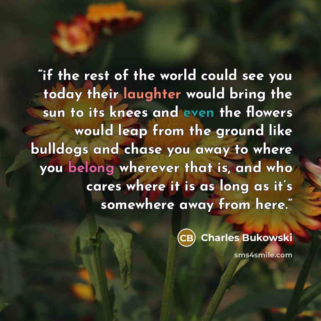 “if the rest of the world could see you today their laughter would bring the sun to its knees and even the flowers would leap from the ground like bulldogs and chase you away to where you belong wherever that is, and who cares where it is as long as it’s somewhere away from here.” quote by Charles Bukowski