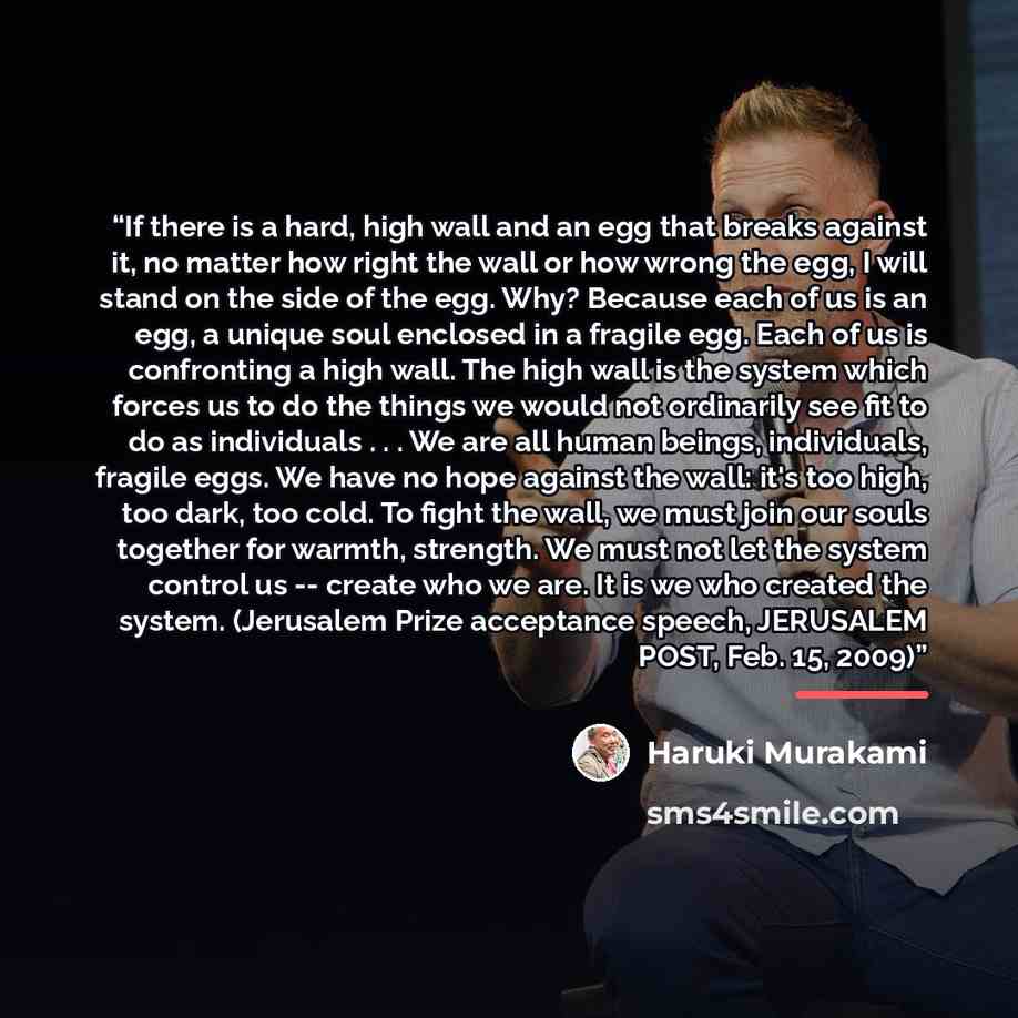 “If there is a hard, high wall and an egg that breaks against it, no matter how right the wall or how wrong the egg, I will stand on the side of the egg. Why? Because each of us is an egg, a unique soul enclosed in a fragile egg. Each of us is confronting a high wall. The high wall is the system…” quote by Haruki Murakami