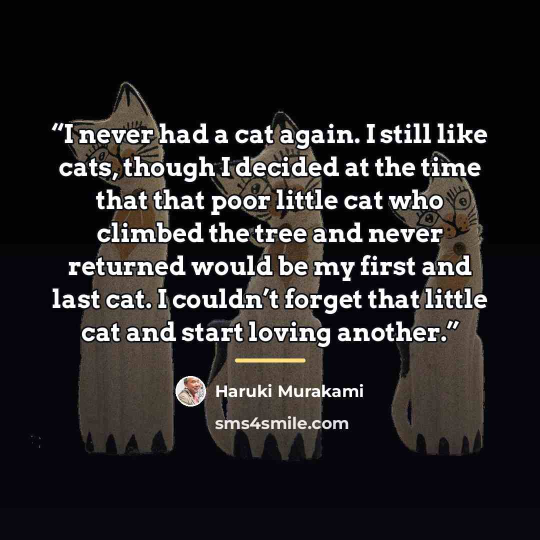 “I never had a cat again. I still like cats, though I decided at the time that that poor little cat who climbed the tree and never returned would be my first and last cat. I couldn’t forget that little cat and start loving another.” quote by Haruki Murakami
