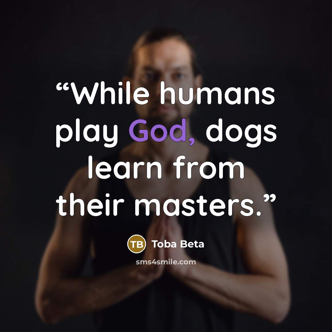 “While humans play God, dogs learn from their masters.” quote by Toba Beta