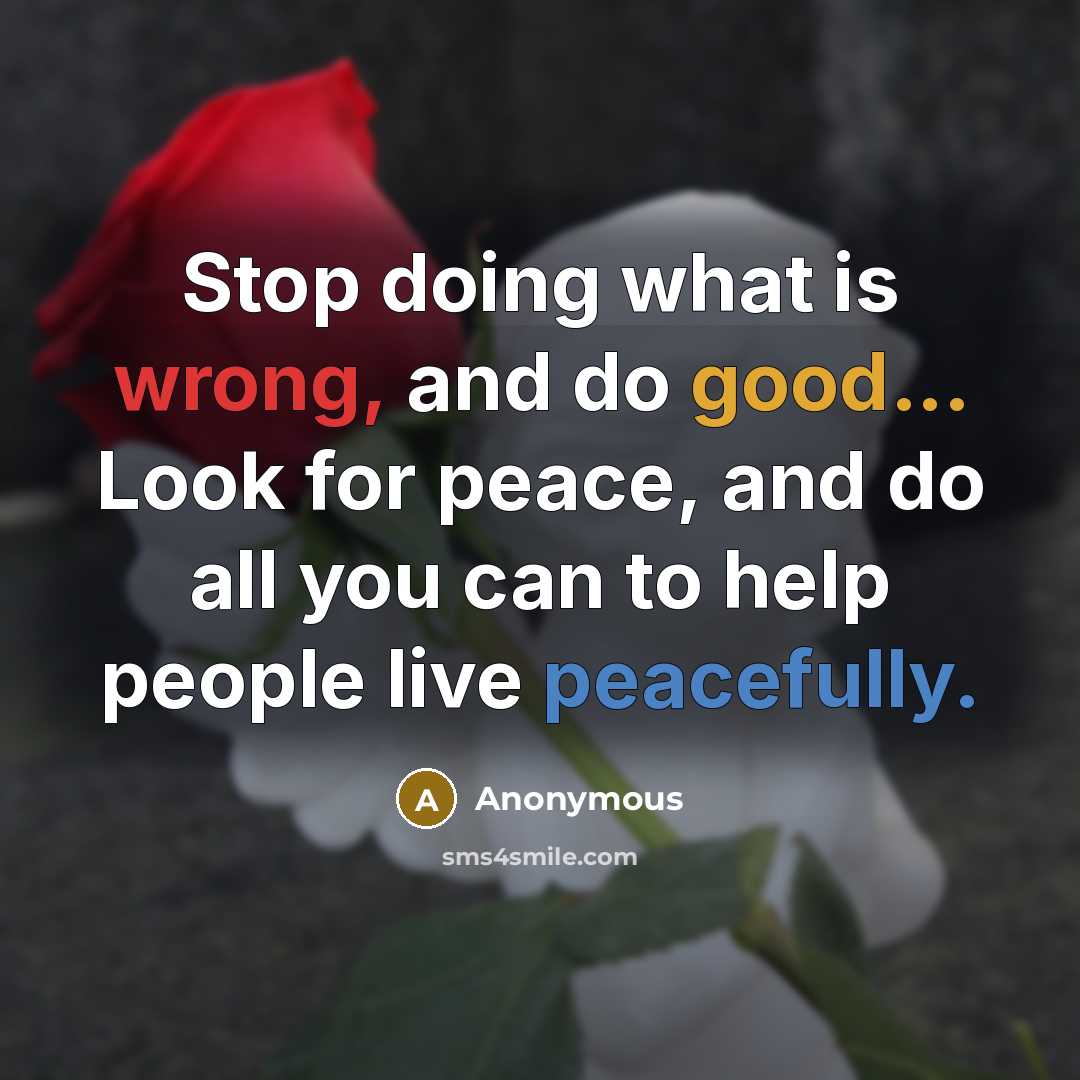 “Stop doing what is wrong, and do good... Look for peace, and do all you can to help people live peacefully.” quote by Anonymous