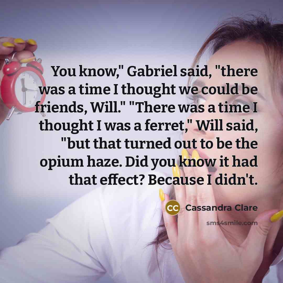 “You know," Gabriel said, "there was a time I thought we could be friends, Will." "There was a time I thought I was a ferret," Will said, "but that turned out to be the opium haze. Did you know it had that effect? Because I didn't.” quote by Cassandra Clare