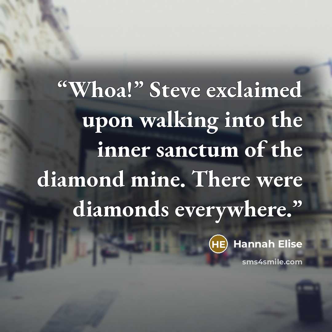 “Whoa!” Steve exclaimed upon walking into the inner sanctum of the diamond mine. There were diamonds everywhere.” quote by Hannah Elise