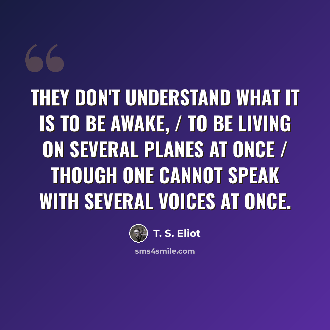 “They don't understand what it is to be awake, / To be living on several planes at once / Though one cannot speak with several voices at once.” quote by T. S. Eliot