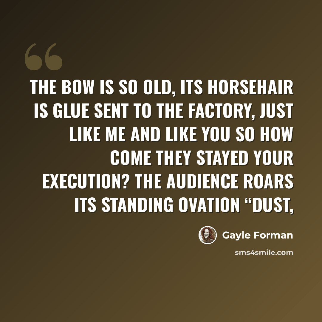 “The bow is so old, its horsehair is glue Sent to the factory, just like me and like you So how come they stayed your execution? The audience roars its standing ovation “Dust,” quote by Gayle Forman