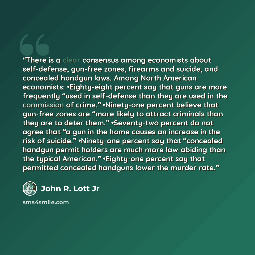 “There is a clear consensus among economists about self-defense, gun-free zones, firearms and suicide, and concealed handgun laws. Among North American economists: •​Eighty-eight percent say that guns are more frequently “used in self-defense than they are used in the commission of crime.”…” quote by John R. Lott Jr