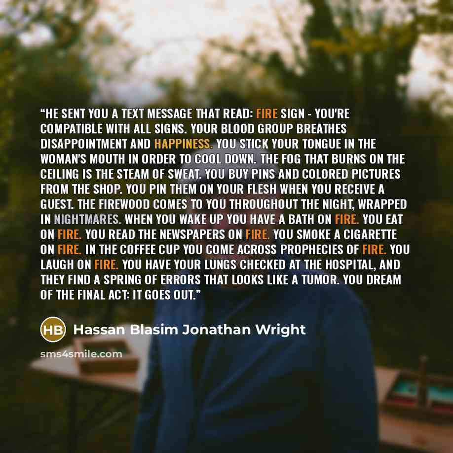 “He sent you a text message that read: FIre Sign - You're compatible with all signs. Your blood group breathes disappointment and happiness. You stick your tongue in the woman's mouth in order to cool down. The fog that burns on the ceiling is the steam of sweat. You buy pins and colored pictures…” quote by Hassan Blasim Jonathan Wright