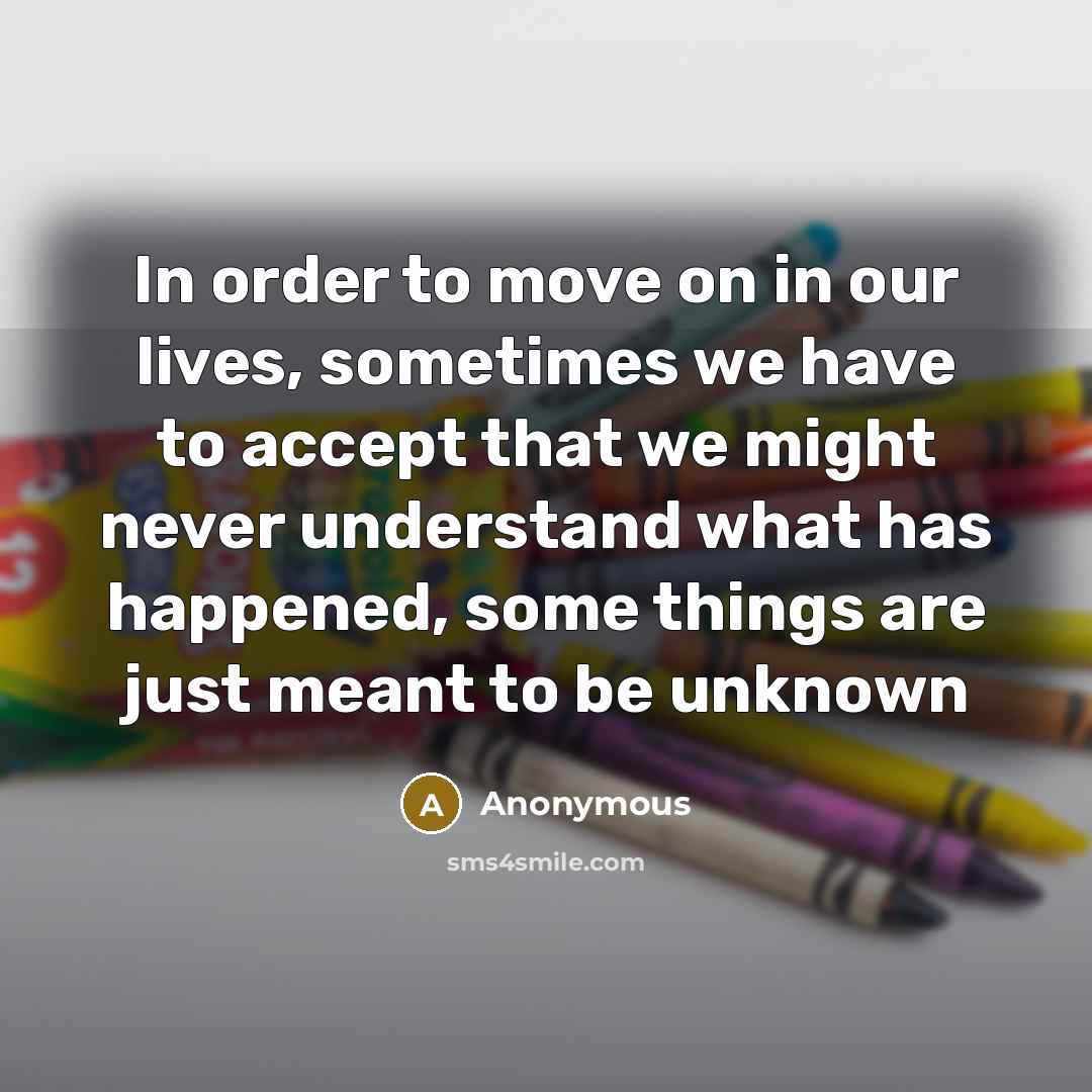 “In order to move on in our lives, sometimes we have to accept that we might never understand what has happened, some things are just meant to be unknown” quote by Anonymous