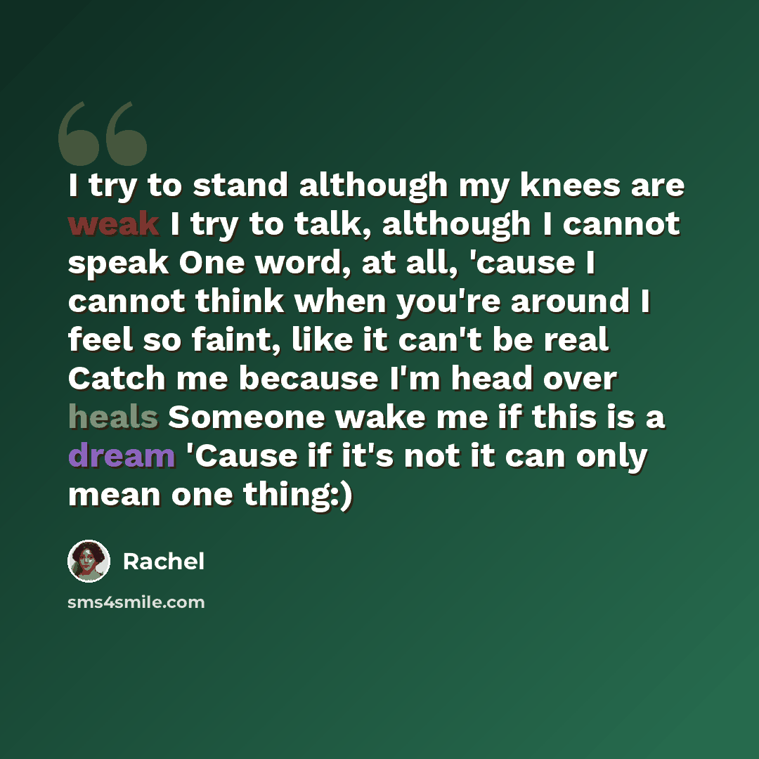 “I try to stand although my knees are weak I try to talk, although I cannot speak One word, at all, 'cause I cannot think when you're around I feel so faint, like it can't be real Catch me because I'm head over heals Someone wake me if this is a dream 'Cause if it's not it can only mean one thing:)” quote by Rachel