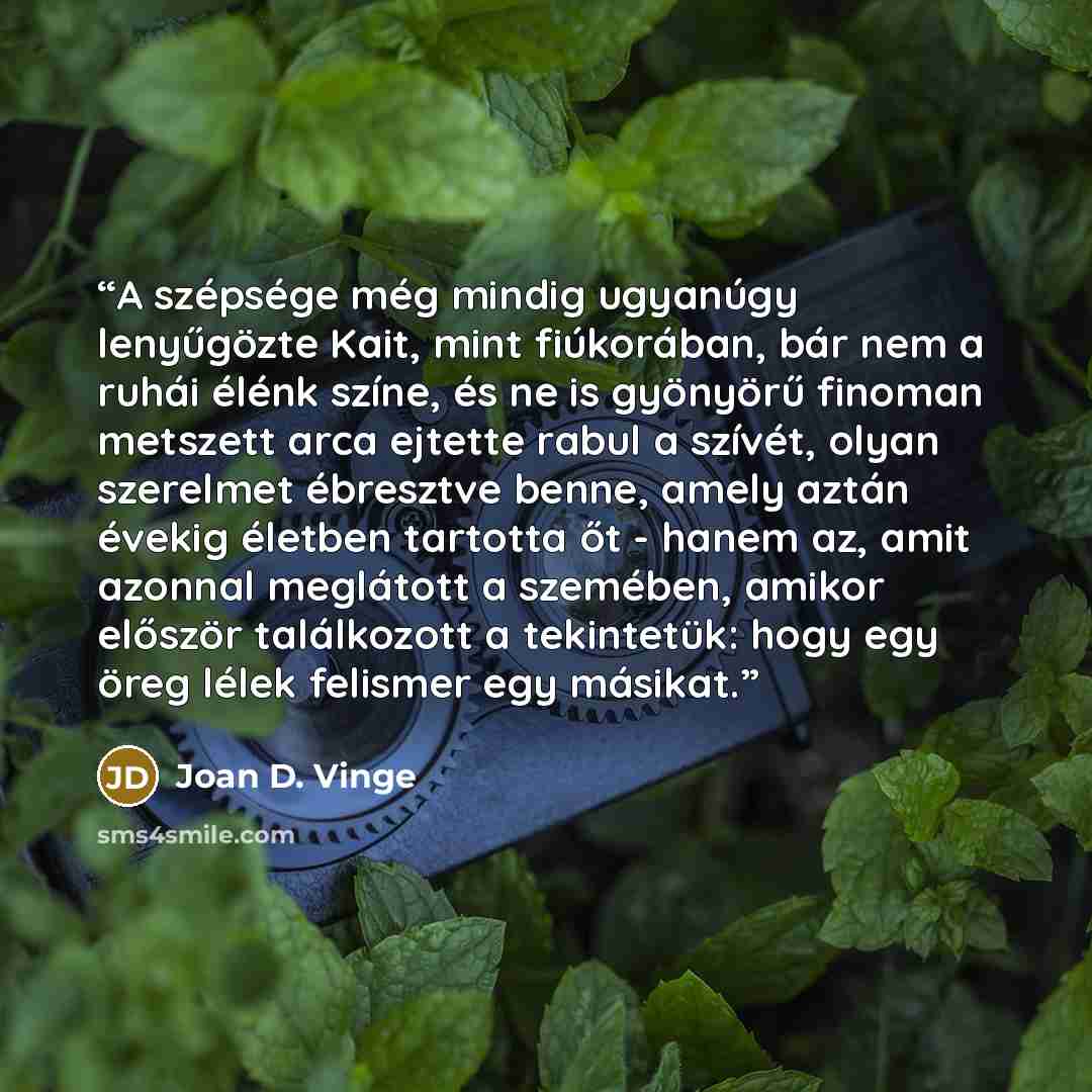 “A szépsége még mindig ugyanúgy lenyűgözte Kait, mint fiúkorában, bár nem a ruhái élénk színe, és ne is gyönyörű finoman metszett arca ejtette rabul a szívét, olyan szerelmet ébresztve benne, amely aztán évekig életben tartotta őt - hanem az, amit azonnal meglátott a szemében, amikor először…” quote by Joan D. Vinge