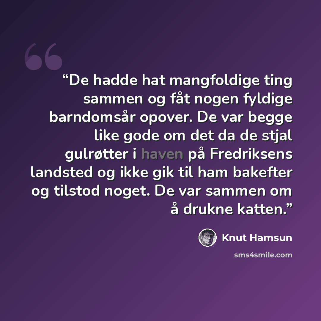 “De hadde hat mangfoldige ting sammen og fåt nogen fyldige barndomsår opover. De var begge like gode om det da de stjal gulrøtter i haven på Fredriksens landsted og ikke gik til ham bakefter og tilstod noget. De var sammen om å drukne katten.” quote by Knut Hamsun