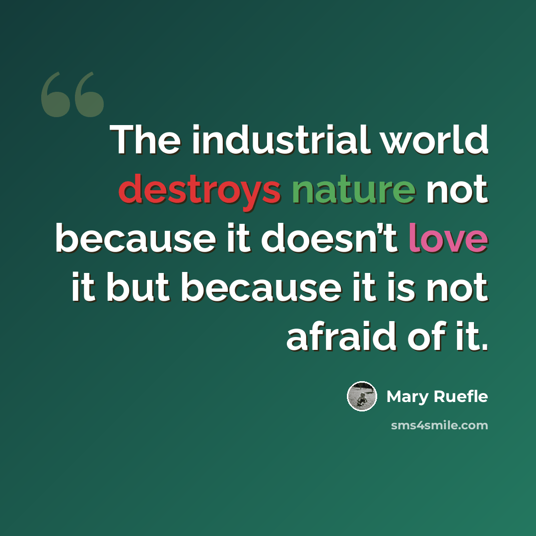 “The industrial world destroys nature not because it doesn’t love it but because it is not afraid of it.” quote by Mary Ruefle