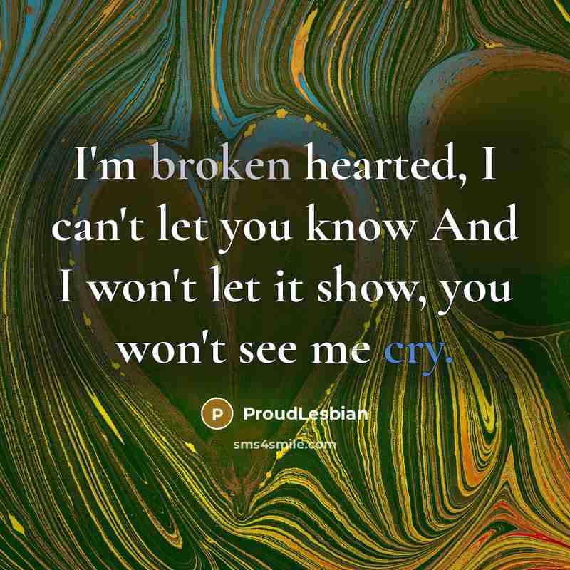“I'm broken hearted, I can't let you know And I won't let it show, you won't see me cry.” quote by ProudLesbian