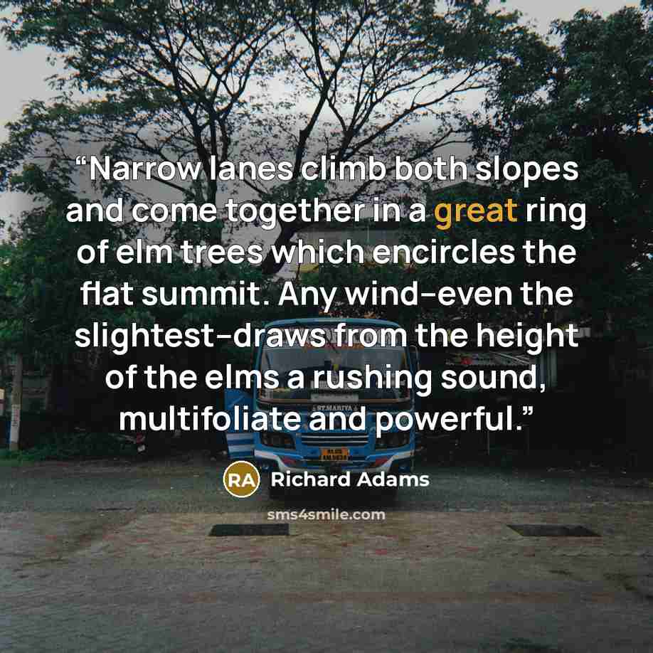 “Narrow lanes climb both slopes and come together in a great ring of elm trees which encircles the flat summit. Any wind--even the slightest--draws from the height of the elms a rushing sound, multifoliate and powerful.” quote by Richard Adams