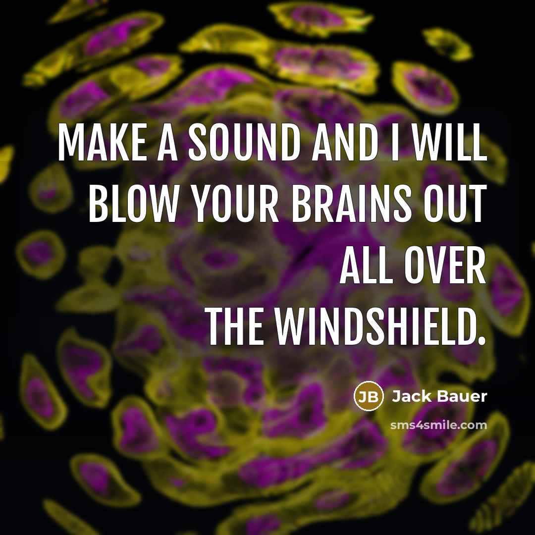 “Make a sound and I will blow your brains out all over the windshield.” quote by Jack Bauer