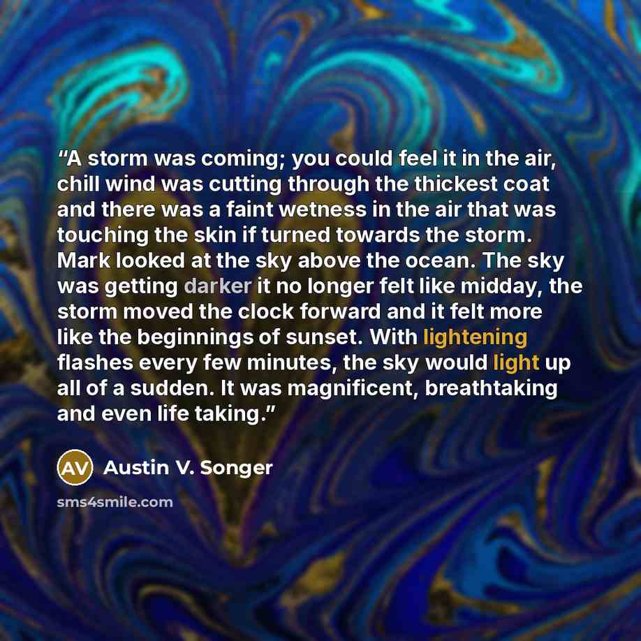 “A storm was coming; you could feel it in the air, chill wind was cutting through the thickest coat and there was a faint wetness in the air that was touching the skin if turned towards the storm. Mark looked at the sky above the ocean. The sky was getting darker it no longer felt like midday, the…” quote by Austin V. Songer