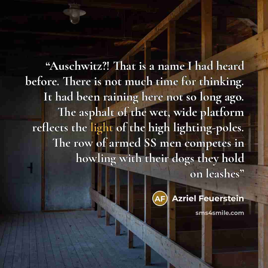 “Auschwitz?! That is a name I had heard before. There is not much time for thinking. It had been raining here not so long ago. The asphalt of the wet, wide platform reflects the light of the high lighting-poles. The row of armed SS men competes in howling with their dogs they hold on leashes” quote by Azriel Feuerstein
