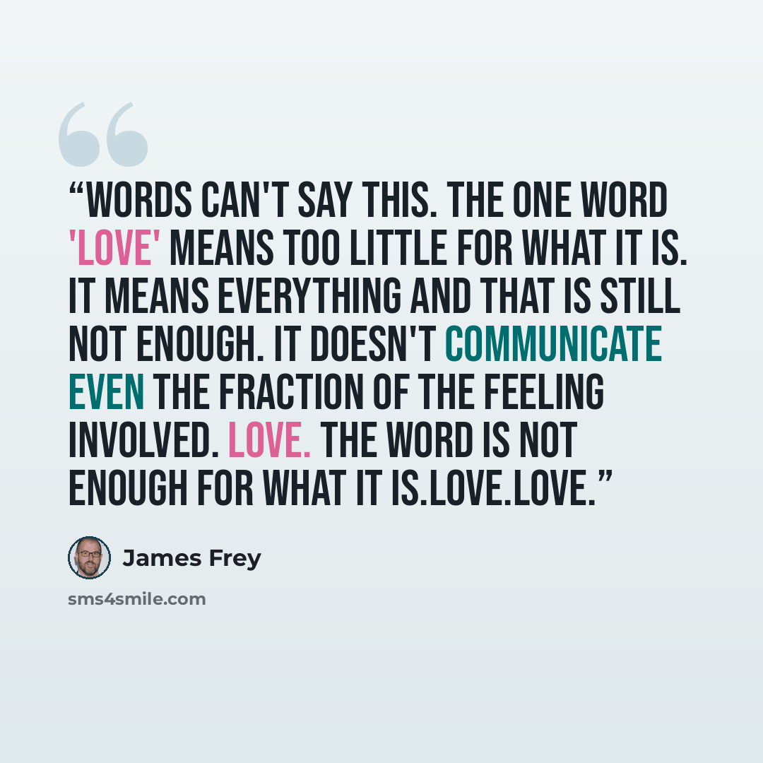 “Words can't say this. The one word 'love' means too little for what it is. It means everything and that is still not enough. It doesn't communicate even the fraction of the feeling involved. Love. The word is not enough for what it is.love.Love.” quote by James Frey