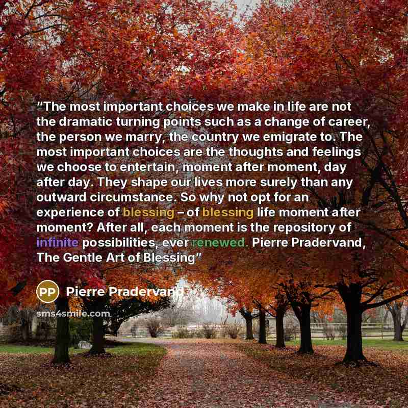 “The most important choices we make in life are not the dramatic turning points such as a change of career, the person we marry, the country we emigrate to. The most important choices are the thoughts and feelings we choose to entertain, moment after moment, day after day. They shape our lives more…” quote by Pierre Pradervand