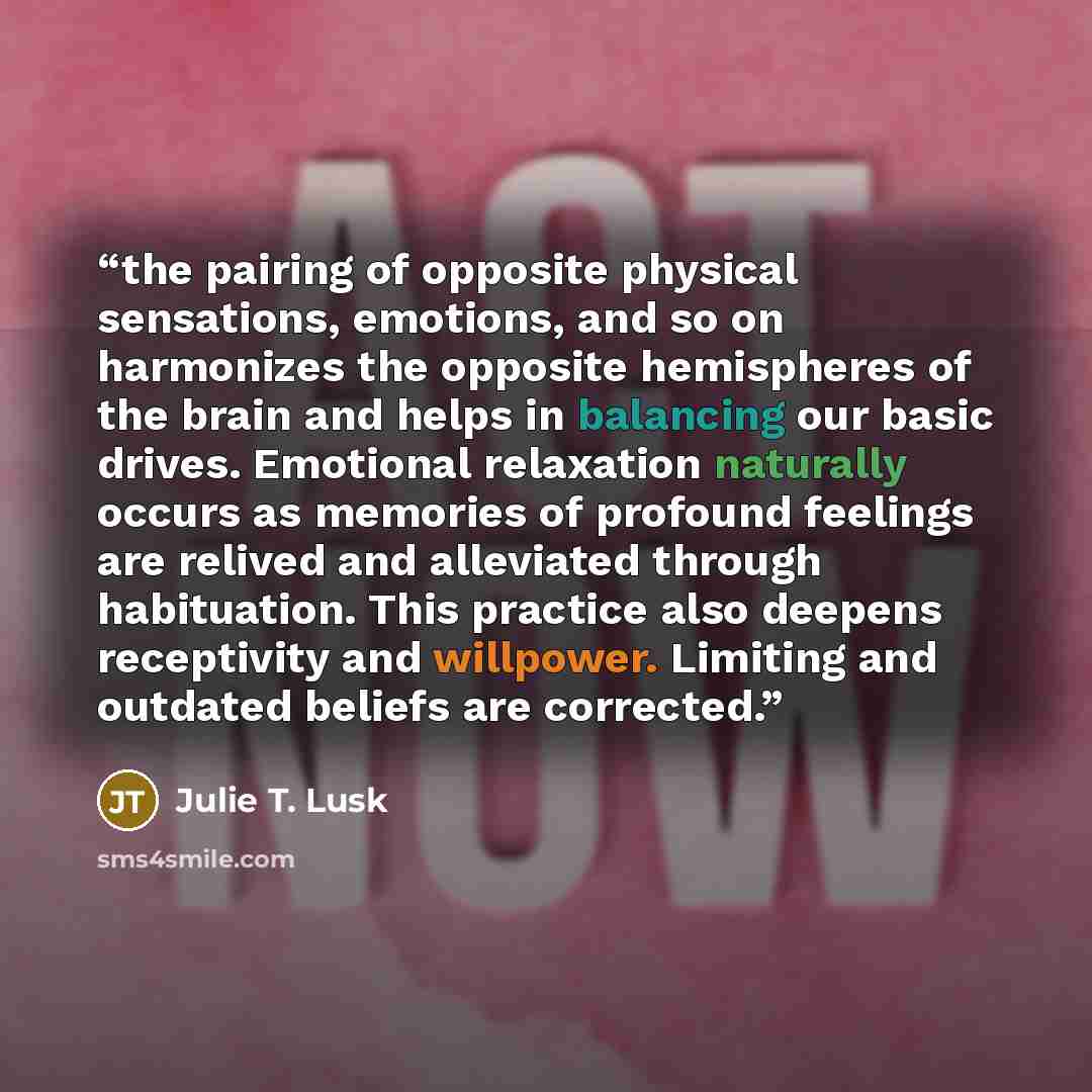 “the pairing of opposite physical sensations, emotions, and so on harmonizes the opposite hemispheres of the brain and helps in balancing our basic drives. Emotional relaxation naturally occurs as memories of profound feelings are relived and alleviated through habituation. This practice also…” quote by Julie T. Lusk