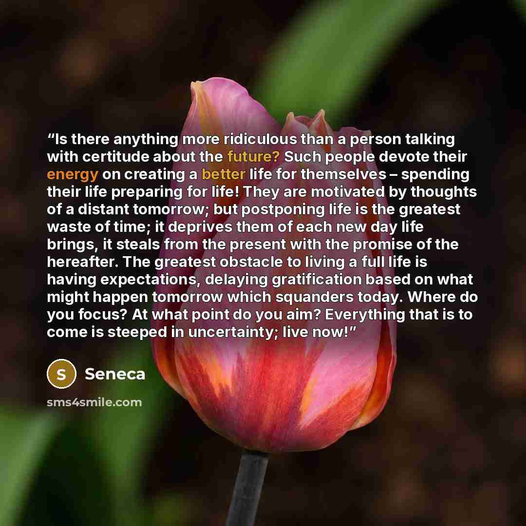 “Is there anything more ridiculous than a person talking with certitude about the future? Such people devote their energy on creating a better life for themselves – spending their life preparing for life! They are motivated by thoughts of a distant tomorrow; but postponing life is the greatest…” quote by Seneca