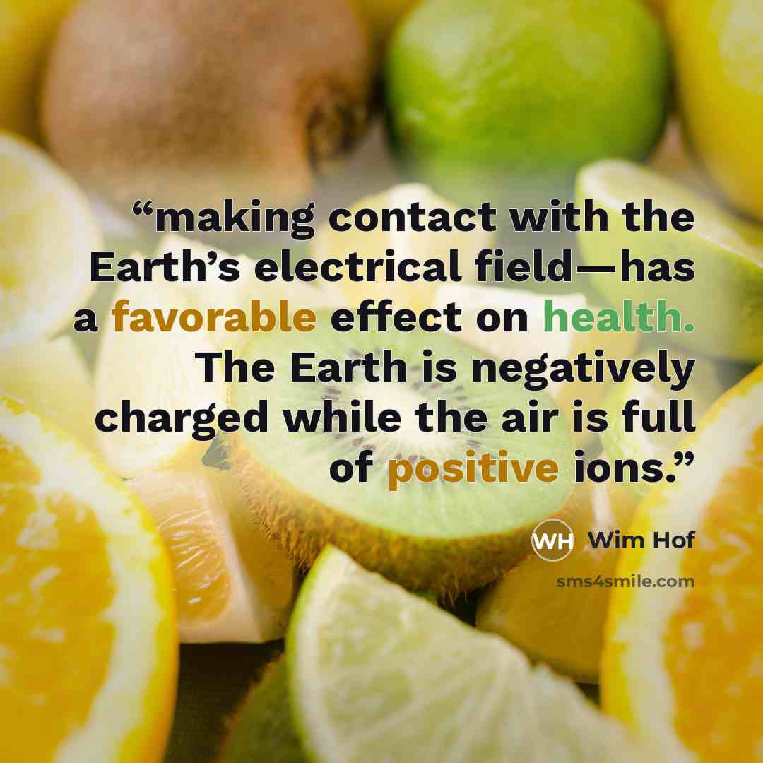 “making contact with the Earth’s electrical field—has a favorable effect on health. The Earth is negatively charged while the air is full of positive ions.” quote by Wim Hof