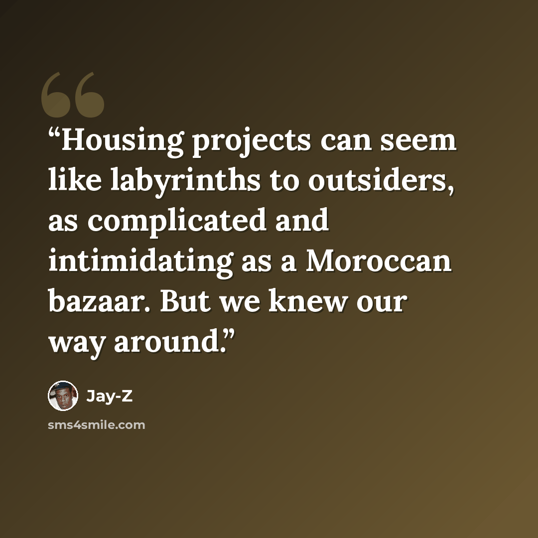 “Housing projects can seem like labyrinths to outsiders, as complicated and intimidating as a Moroccan bazaar. But we knew our way around.” quote by Jay-Z