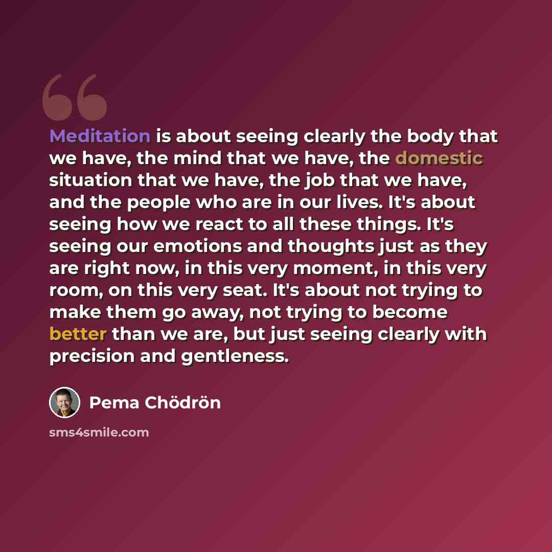 “Meditation is about seeing clearly the body that we have, the mind that we have, the domestic situation that we have, the job that we have, and the people who are in our lives. It's about seeing how we react to all these things. It's seeing our emotions and thoughts just as they are right now, in…” quote by Pema Chodron