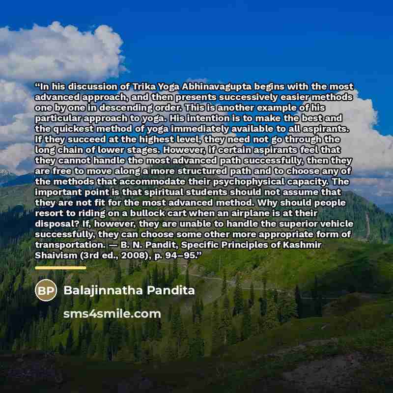 “In his discussion of Trika Yoga Abhinavagupta begins with the most advanced approach, and then presents successively easier methods one by one in descending order. This is another example of his particular approach to yoga. His intention is to make the best and the quickest method of yoga…” quote by Balajinnatha Pandita