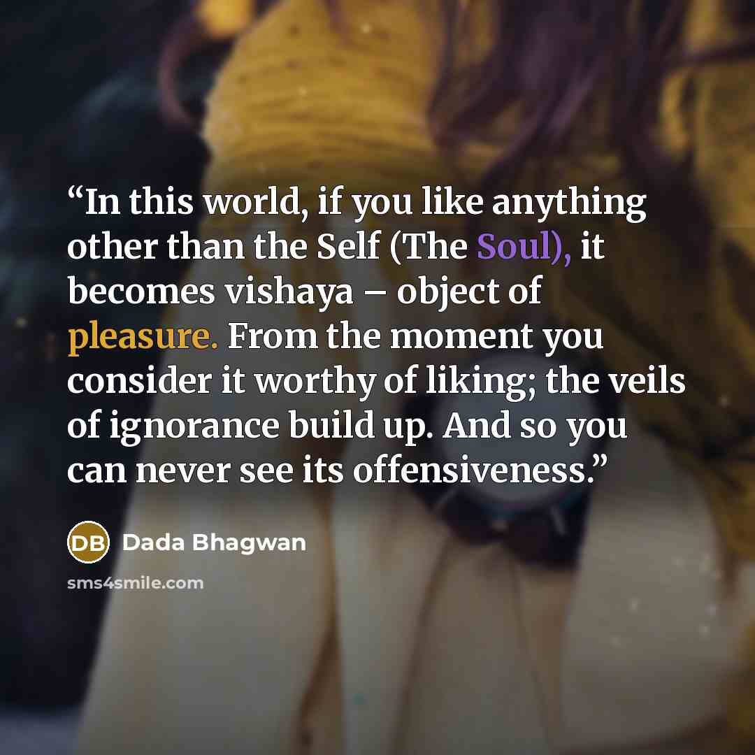“In this world, if you like anything other than the Self (The Soul), it becomes vishaya – object of pleasure. From the moment you consider it worthy of liking; the veils of ignorance build up. And so you can never see its offensiveness.” quote by Dada Bhagwan