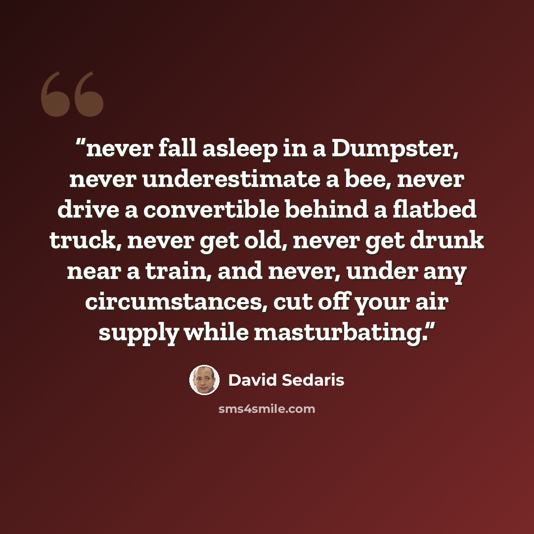 “never fall asleep in a Dumpster, never underestimate a bee, never drive a convertible behind a flatbed truck, never get old, never get drunk near a train, and never, under any circumstances, cut off your air supply while masturbating.” quote by David Sedaris