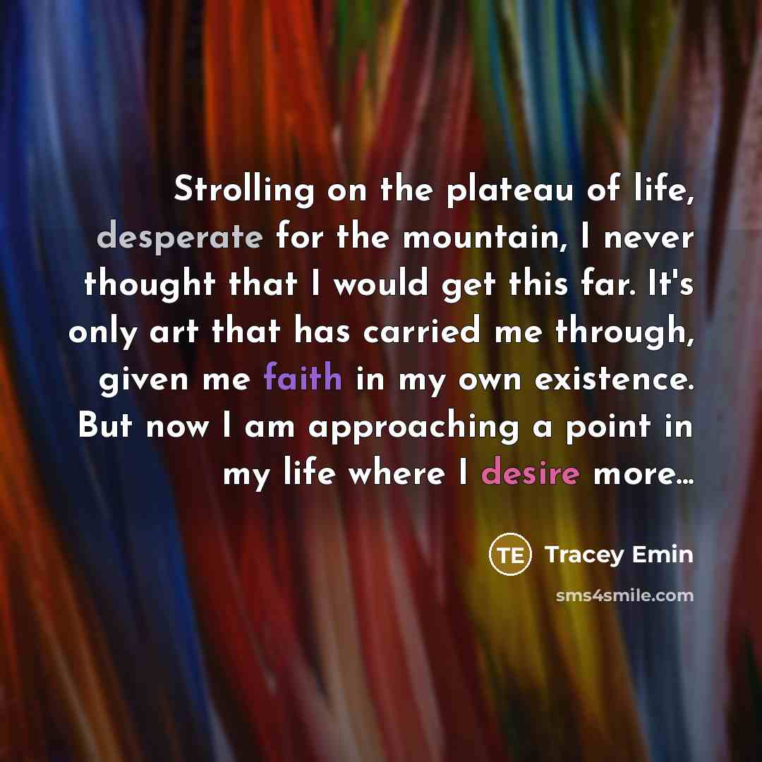 “Strolling on the plateau of life, desperate for the mountain, I never thought that I would get this far. It's only art that has carried me through, given me faith in my own existence. But now I am approaching a point in my life where I desire more...” quote by Tracey Emin
