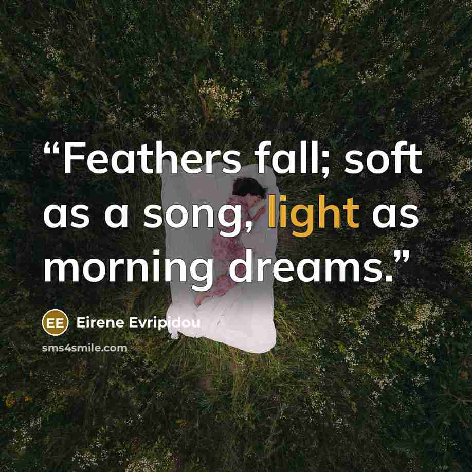 “Feathers fall; soft as a song, light as morning dreams.” quote by Eirene Evripidou